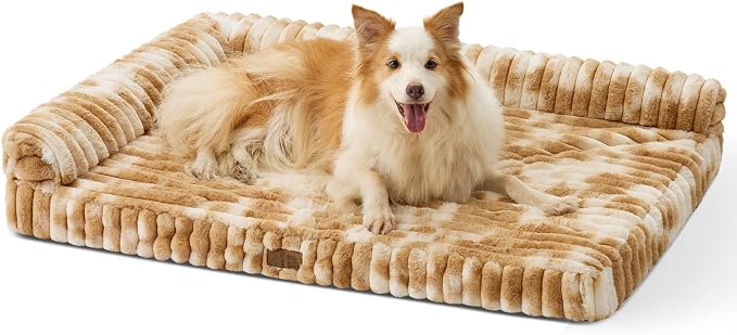 COZY KISS Faux Rabbit Fur Large Dog Bed – 44"x32" Orthopedic Foam Couch with Sides, Removable Washable Cover & Waterproof Lining, Tie-Dye Brown