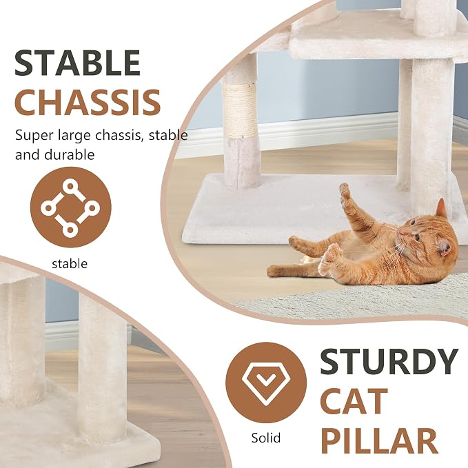 FDW | 36" Cat Tree Tower | Beige | Multi-Level Indoor Activity Center | with Sisal Scratching Posts, Condos, Plush Perches, Hanging Cat Toys | Sturdy, Easy to Assemble | for Kittens & Adult Cats