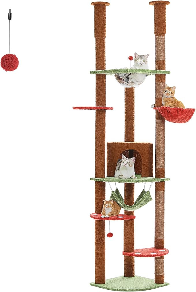 PEQULTI Floor to Ceiling Cat Tree, 92.9-101.6in Adjustable Cat Tower, Brown | Adjustable tower braces floor to ceiling; cozy condo, large hammock, perches & 9 sisal posts on fan base with anti-tip strap
