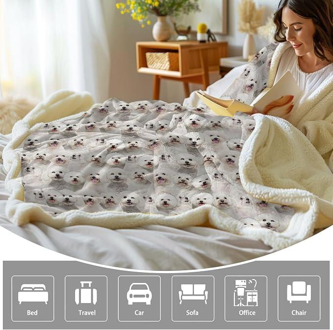 BlessLiving Bichon Frise Blanket 108x90 Inches - Ultra Soft Reversible Sherpa & Fleece Throw, Large Plush Cozy Blanket for Couch Bed Sofa, Gift for Dog Lovers Women Men
