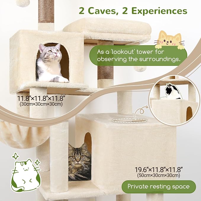 Globlazer Extra Tall Cat Tree Tower for Indoor Cats, 76in, F76, Beige | Multi-Level Cat Furniture with Cozy Condos,Hammock and Perches for Large Adult Cats, Perfect for Climbing, Scratching