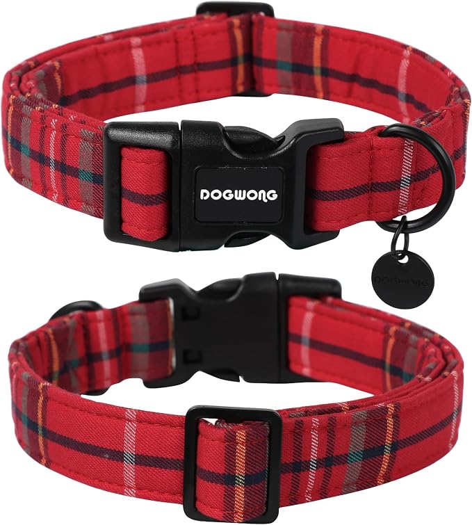 DOGWONG Christmas Cotton Dog Collar, Heavy-Duty Red Plaid Dog Collar Durable Soft Fabric Pet Dog Collars Cute Christmas Red Grid Puppy Necklace for Small Medium Large Dogs,L