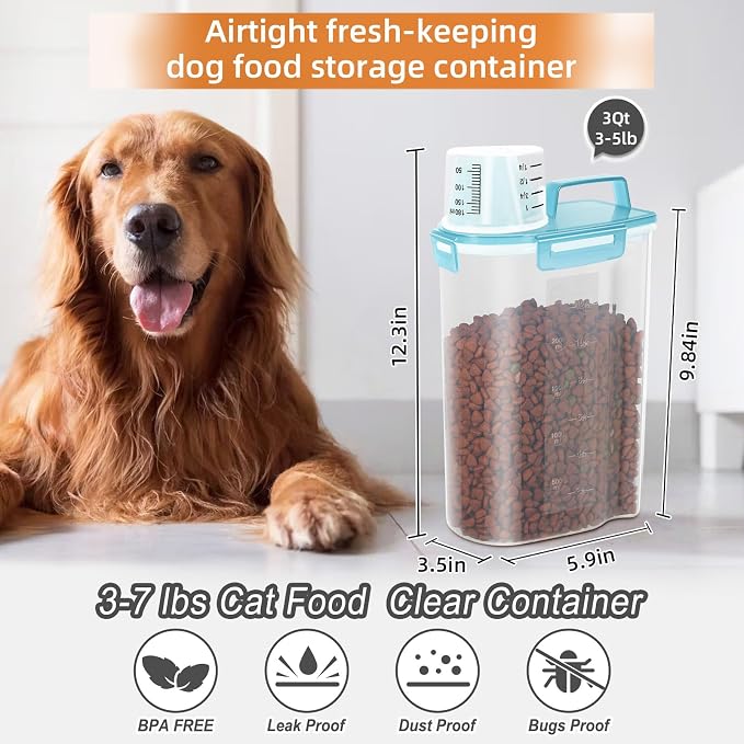 LEAWALK 3-5Lbs Airtight Small Cat Dog Pet Food Storage Containers BPA-Free, With Large Pour Spout/1 Measuring Cup/ 4 Safety Locks and Double-layer Silicone Strip (Color Blocking 3Pack)