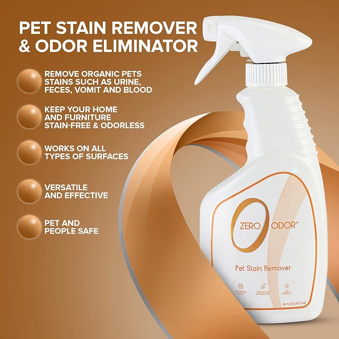 Zero Odor Pet Stain Remover & Odor Eliminator Spray for Carpet, 16 oz | For Dog and Cat Urine, Vomit and Feces on Carpet, Upholstery, Mattress, Pet Beds and Hard Floors, 400+ Sprays