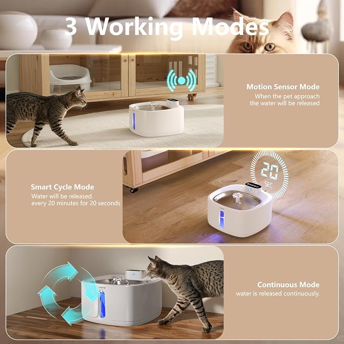 Automatic Cat Water Fountain, Wireless Pet Water Fountain with Stainless Steel Tray & BPA-Free Body, Ultra Quiet Pump, Motion Sensor, Easy to Clean, 3.2L/108oz for Multiple Cats & Small Dogs