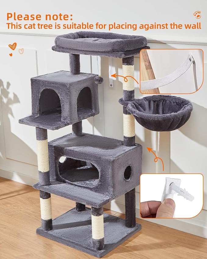 Taoqimiao Cat Tree, 49In Cat Tower for Indoor Cats Large Adult | 2 Luxurious Cat Condos, Thick Padded Top Perch, Adjustable Hanging Baskets, 5 Scratching Sisal Posts, Smoky Gray MS029LG