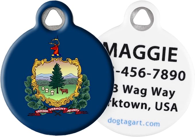 Vermont Flag Personalized Pet ID Tag for Dogs and Cats, Silent Polymer Coated Stainless Steel Vermonter Flag Nametag with Customized Identification Information - Small .875" Diameter