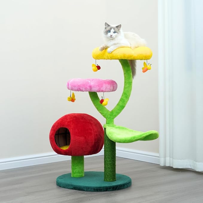 Catry Flower Cat Tree with Hideaway Condo, 3 Perches and Scratching Posts | Aesthetic floral cat condo tower for indoor cats, features durable sisal scratching posts, cozy plush flower beds & perches