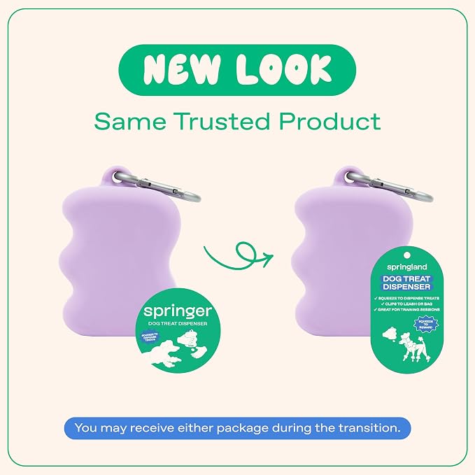 Springland Silicone Dog Training Treat Pouch for Leash, Lilac | One-hand squeeze dispenser, food-grade silicone, BPA-free, carabiner included, easy-fill holder for rewards on the go