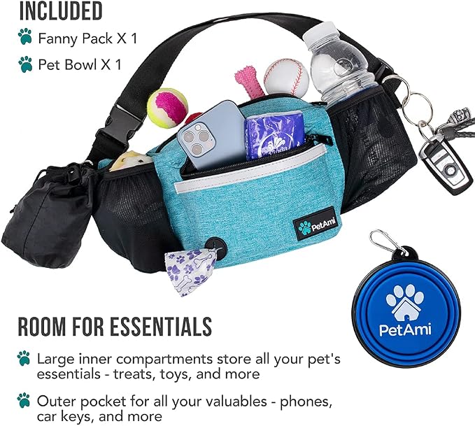 PetAmi Dog Fanny Pack, Treat Pouch for Dog Walking Training, Turquoise Blue | Built in Poop Bag Dispenser, Water Bottle Holder, Collapsible Bowl, Pet Treat Waist Belt for Hiking Running Kibbles