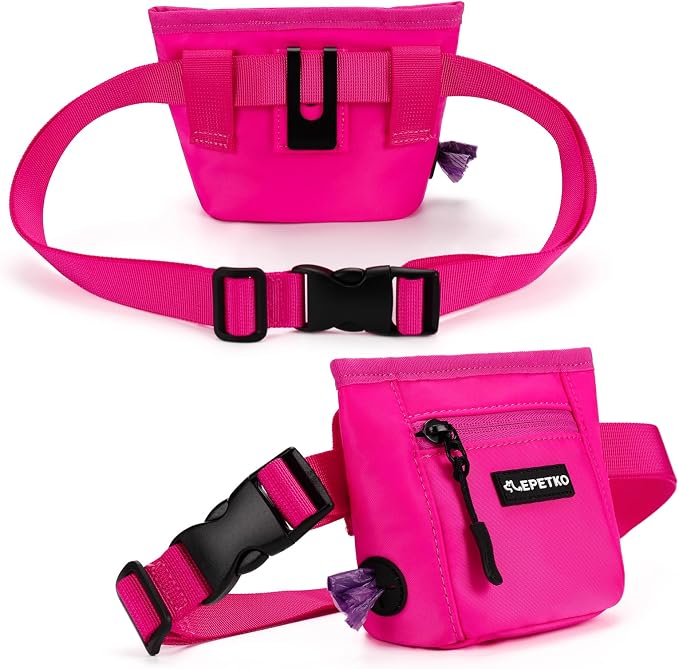 Dog Treat Pouch, Powerful Magnet Closure Device Dog Training Treat Bag Large Capacity Pet Treat Pouch with Poop Bag Dispenser Treat Bag for Dog Training with Metal Waistband Clip (Pink)
