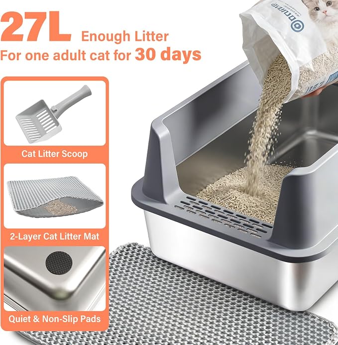 Stainless Steel Cat Litter Box with Lid, XL Metal Litter Box, Extra Large Litterbox for Big Cats, High Sided | Easy Cleaning | Odor-Free Includes Scoop and Mat