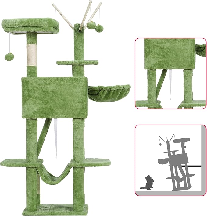 Hey-brother Cat Tree Tower with Padded Platform Bed, Hammock, MPJ019-SGR | 53 Inches Cat House with Large Cozy Condo, Toy Balls and Sisal Scratching Posts for Indoor Multi-Cats, Green