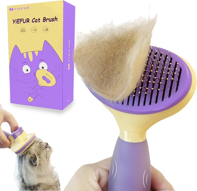 Cat Brush for Grooming and Shedding, Self-Cleaning Silicone Brush for Short and Long Haired Cats, Cat Gifts for Pet Lovers (purple) | For Indoor Cats,Removes Loose Hair,Reduces Shedding,Soft Rounded Tips,Ergonomic Silicone Handle,Gentle Massage,Easy Gr...