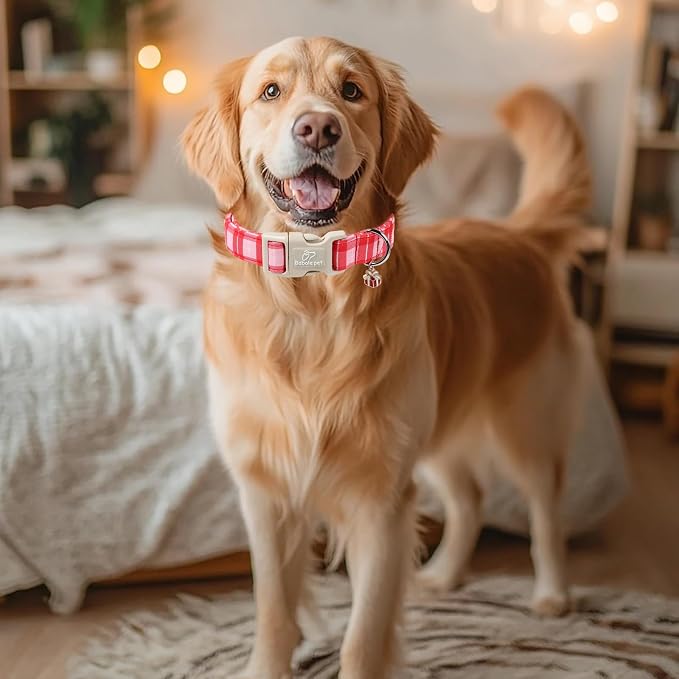 Plaid Dog Collar - Cute Red and Pink Plaid Puppy Collar with Safety Buckle, Soft Adjustable Holiday Dog Collars for Small Medium Large Dogs M