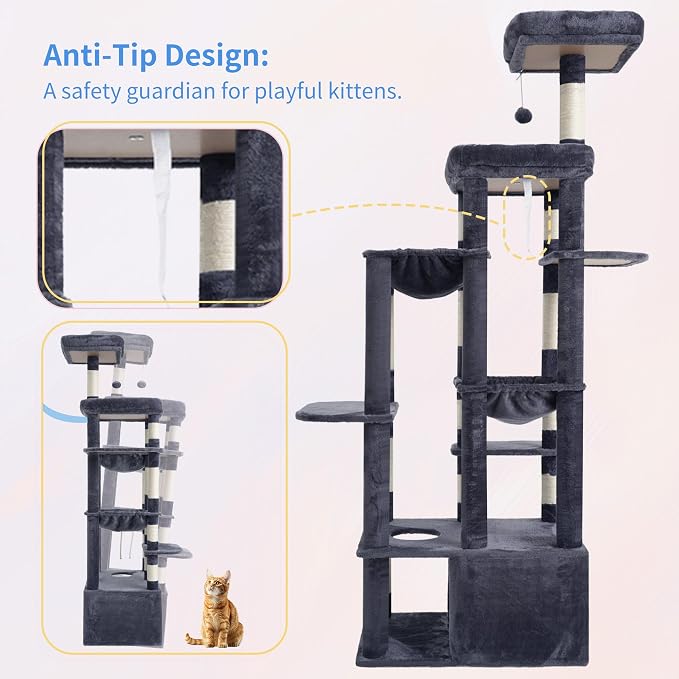 Heybly Cat Tree, 71-Inch Tall Cat Tower for Large Maine Coon Cats HCT037G | Cat Condo Furniture with Extra-Large Baseboard, Multi-Level Platforms, 2 Hammocks and 12 Scratching Posts, Smoky Gray