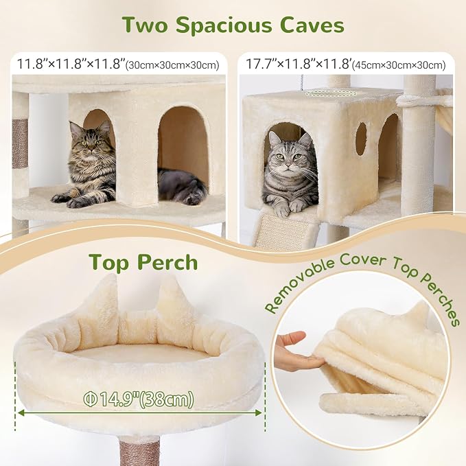 Globlazer Heavy Duty Cat Trees for Large Cats, Sturdy 72in Maine Coon Cat Tree for Large Cat 20 lbs+ Heavy Duty Cat Tower for Adult Biggest Cats with 6 Scratching Posts, Hammock, S72, Beige