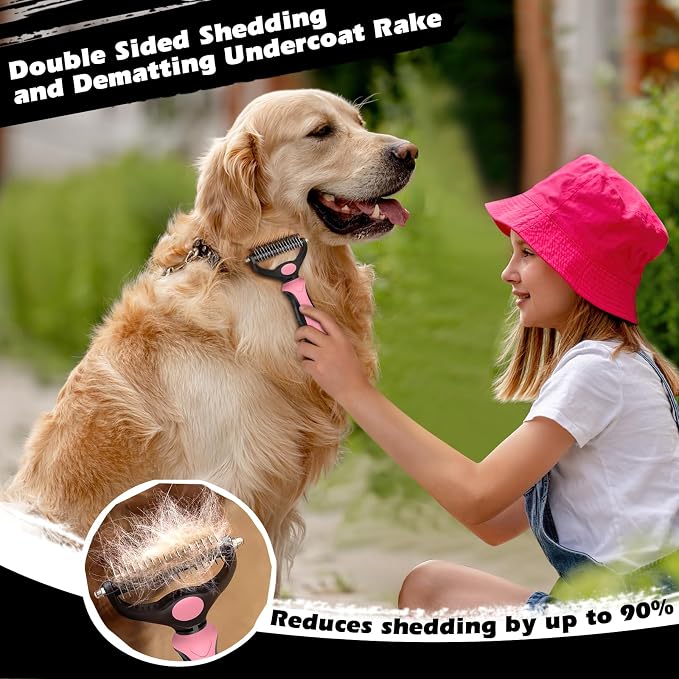 Professional 3PCS Self Cleaning Slicker Brush & Pet Grooming Rake & Flea Comb for Dogs,Cats and Horses | Double-Sided Dematting Comb & Skin Friendly Deshedding Grooming Tool (Light Pink)