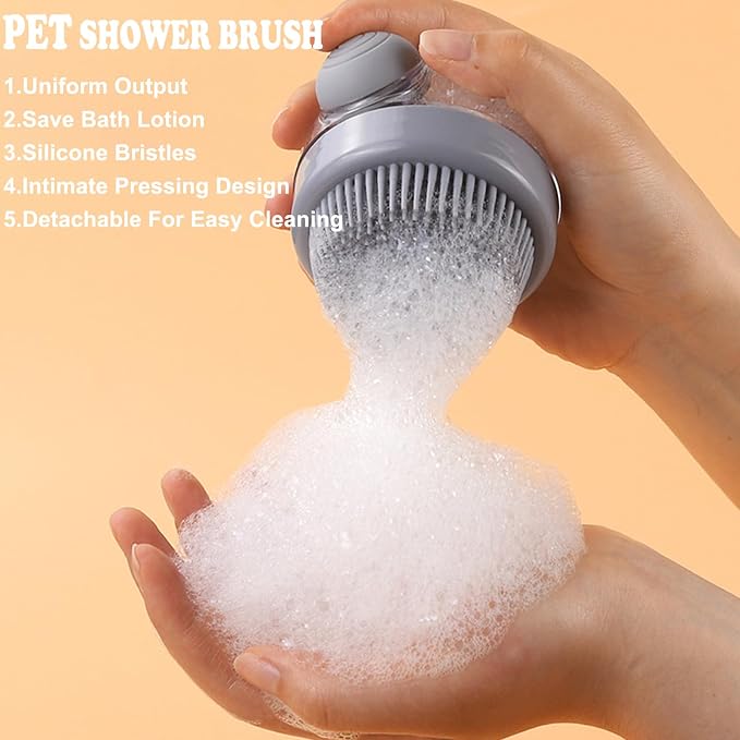 4Pcs Dog Shower Grooming Kit,Soft Silicone Pet Shampoo Massage Dispenser Grooming Shower Brush,Adjustable Soothing Rubber Brush,Self-Cleaning Slicker Comb,Gentle Deshedding Brush Glove for Cats & Dogs