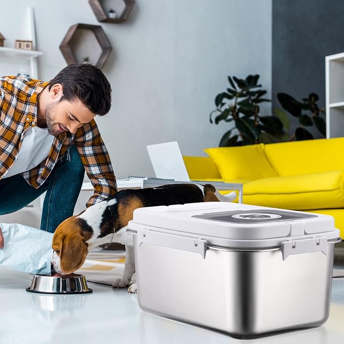 14-18 lb Stainless Steel Dog Food Storage Container | with Silicone Airtight Lid, Scoop, Easy to Clean Metal Pet Dog Cat Food Storage Container Keep Fresh