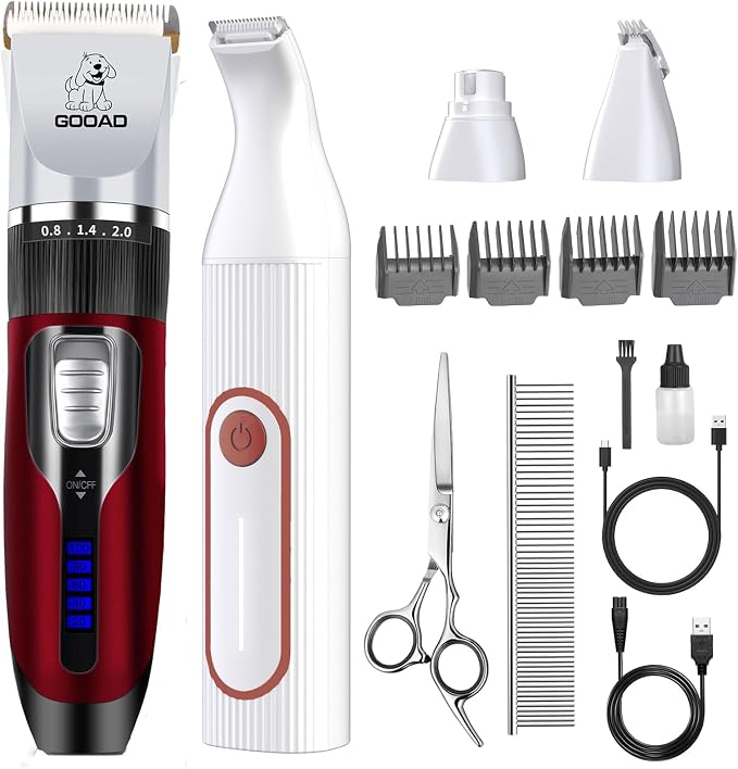 4 in 1 Dog Clippers Grooming Kit and Paw Trimmer for Thick Hair&Coats | 3-in-1 Clipper+Paw Trimmer+Nail Grinder, <60dB Quiet, Cordless,LED Display, 4 Guide Combs, Detachable Titanium-Ceramic Blade