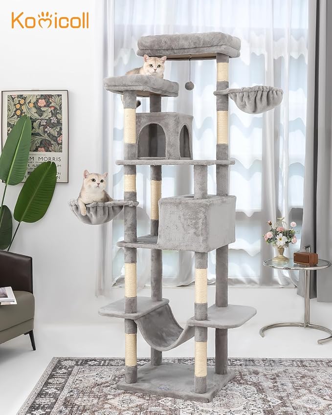 Cat Tree, 81-Inch Tall Cat Tower with Scratching Post, Plush Multi-Level Cat Condo with 2 Perches, 2 Caves, 2 Basket, Hammock for Indoor Cats Light Grey