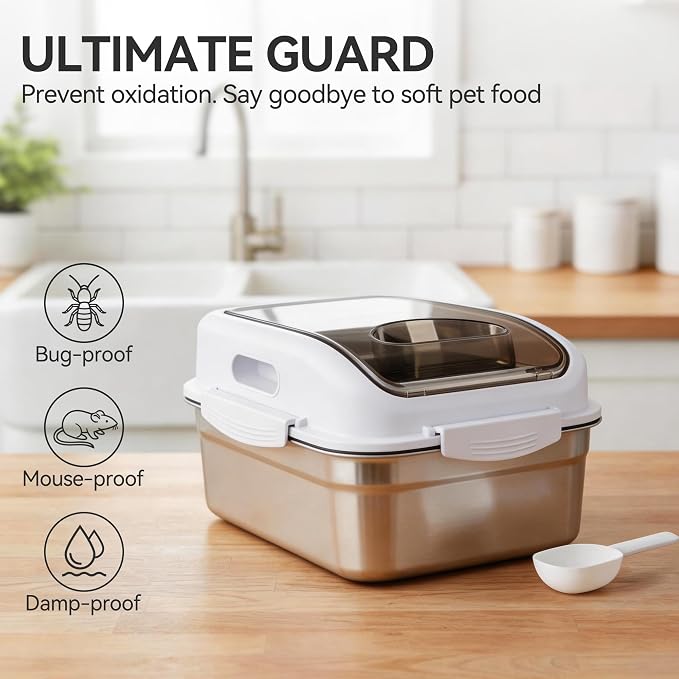 ALL FOR PAWS 304 Stainless Steel Dog Food Container, Cat Food Storage Container with Scoop, Airtight Metal Pet Food Storage Bin to Keep Food Fresh, Mouse Proof Small Storage Bin Fits Up To 11 Lbs