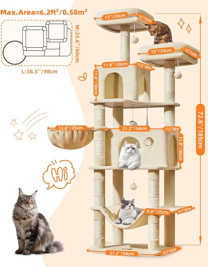 Taoqimiao Large Cat Tree, 73 in Tall Cat Tower with 2 Plush Big Cat Condos | 9 Scratching Posts, 2 Top Perches, Cozy Hammock & Basket, Indoor Cats, 2 Pompoms & Mouse Toy, Beige, MS013XLM
