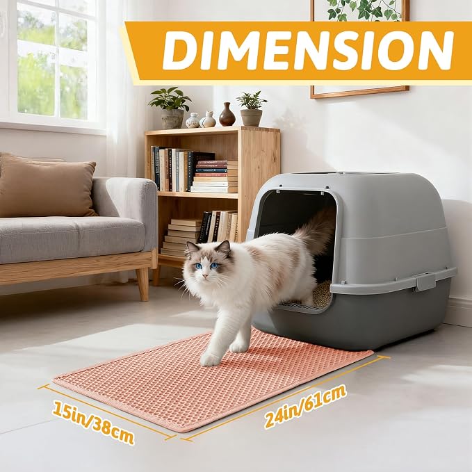 Pieviev Cat Litter Mat, Double-Layer Waterproof Design, 24" x 15" Coral Red | Honeycomb Litter Box Mat Catches Scattered Particles to Stop Tracking, Urineproof Base protects Floors, Easy to Clean