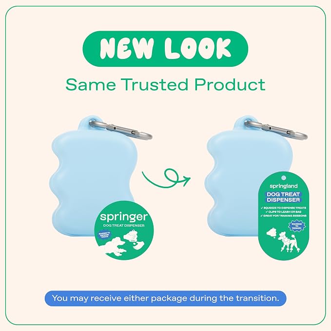 Springland Silicone Dog Training Treat Pouch for Leash, Sky Blue | One-hand squeeze dispenser, food-grade silicone, BPA-free, carabiner included, easy-fill holder for rewards on the go