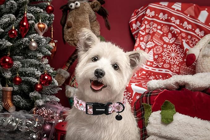 DOGWONG Christmas Cotton Dog Collar, Pink Santa Claus Dog Collar Durable Holiday Pet Dog Collars Cute Puppy Necklace for Small Dogs