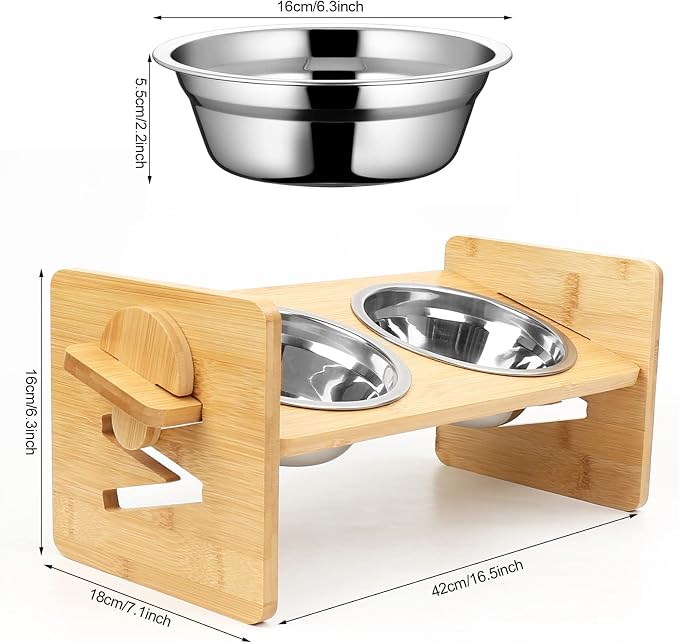 Raised Dog Bowl, Elevated Dog Bowls, Tilted Pet Food Water Bowl, Slanted Bamboo Feeding Station with Stainless Steel Bowls for Small & Medium Dogs, Cat Kitten Flat Faced French Bulldog Puppy Feeder