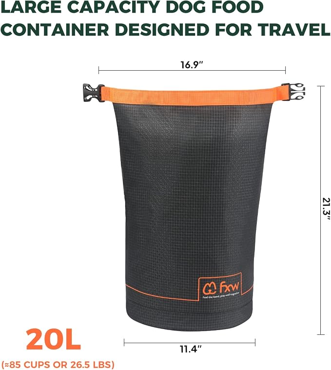 FXW Dog Food Travel Bag，Large Capacity for Travel Kibble Storage Perfect for RV Road Trips, Camping, Longterm Dog Boarding Gear Accessories Gray, 85 Cups
