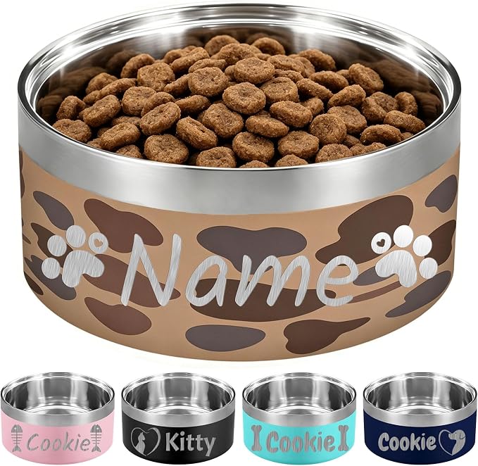 18OZ Personalized Dog Bowl Laser Engraved Custom Pet Name No Slip Stainless Steel Insulated Bite-Resistant Food Water Dishes-Camo
