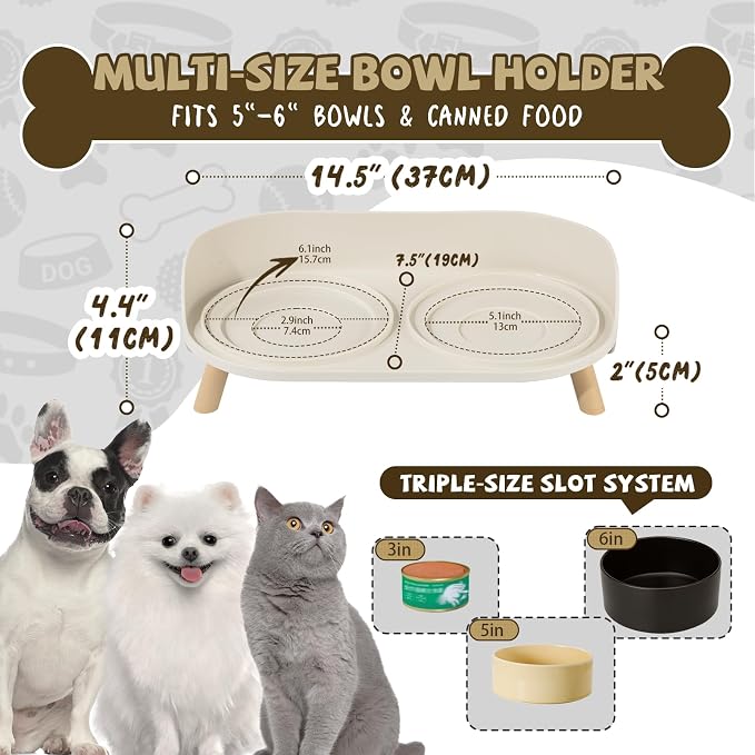 Raised Dog Feeder Bowl Stand (Without Bowls), Fits Dish up to Φ 6" | Spill Proof Elevated Dog Food Stand, Double 3 Diameters Pet Food Holder for Small and Medium Breeds and Cats, White