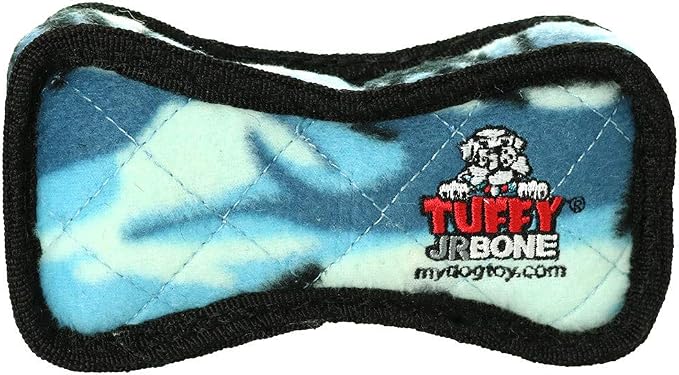 TUFFY - World's Tuffest Soft Dog Toy - Junior Bone -Squeakers -Multiple Layers. Made Durable, Strong & Tough.Interactive Play(Tug, Toss & Fetch). Machine Washable & Floats (Camo Blue, Bone2 2 Pack)