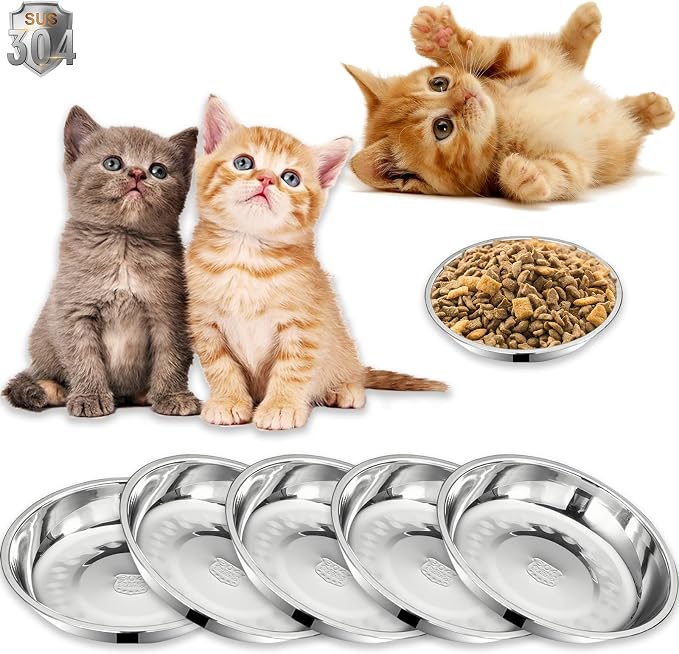 5Packs Cat-Bowls Cat Food Bowl - Thickened 6.2 Inch 304 Stainless Steel Cats Feed Bowl for Indoor Cats Shallow and Wide Whisker Fatigue Relief Pet Feeding Plates for Kitten Puppy Small Dog (5 Packs)