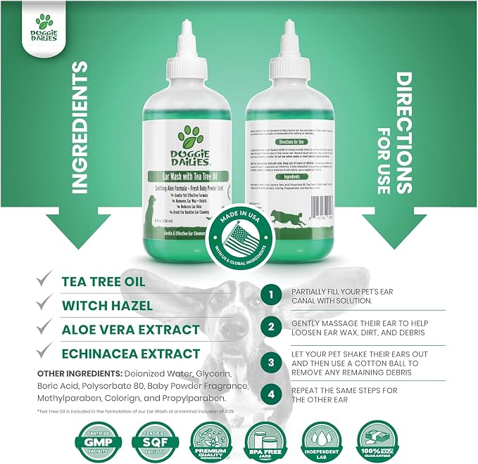 Doggie Dailies Quick Cleansing Ear Wash for Dogs with Tea Tree Oil | Tea Tree Oil & Aloe Vera Formula, Cleans FDog Ears, Removes Debris & Helps Soothe Irritated Skin, Quick Wash for Dog Ears