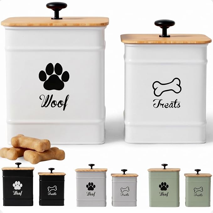 Dog Treat Container Set of 2 with Airtight Bamboo Lids - 8x6 & 7x5 inch | Fits All Popular Treats, Up to 20 Cups Combined Capacity, Airtight Bamboo Lid, Easy Open Lid, Dent-Resistant Durable Metal