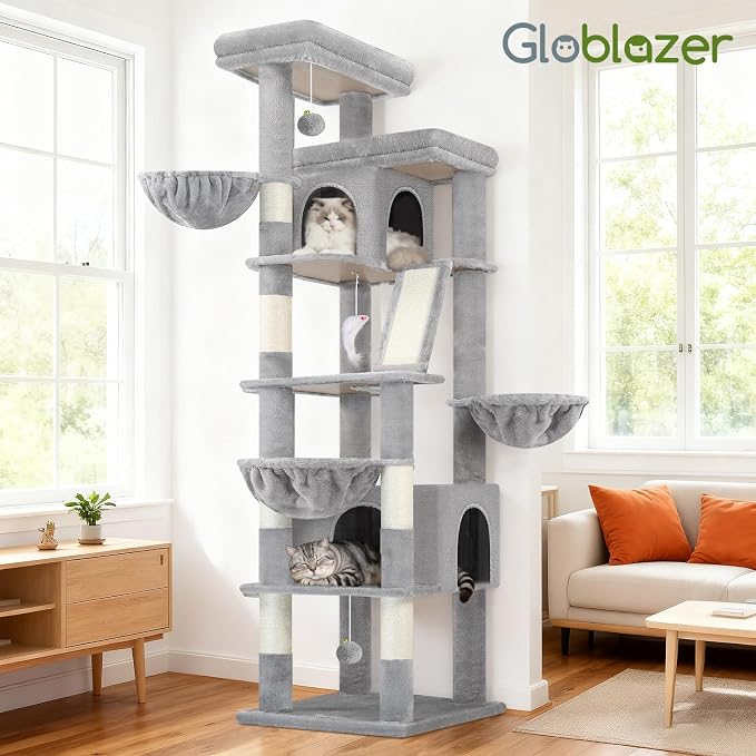 Globlazer 80in Extra Large Tall Corner Cat Tree Tower, S80G, Light Grey | Multi-Level Cat Condo for Multiple Indoor Cats Large Adult Kittens, Scratching Posts, Widened Perches, Adjustable Baskets