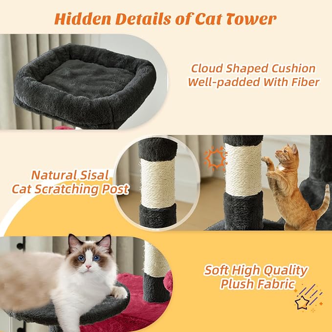 Sweetcrispy 44 Inch Cat Tree Tower for Indoor Cats and Kittens | Multi Level Cat Climbing Tower with Natural Sisal Scratching Posts, Hammock, Pet Condo, Black and Red