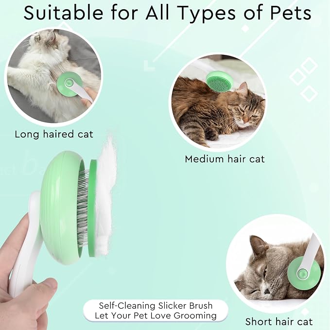Cat Grooming Glove Brush, Self-Cleaning Slicker Pet Brush | Self-Cleaning Dog Bath Brush for Shedding and Grooming, Removes Loose Hair and Tangles for Short and Long Haired Pets, Green