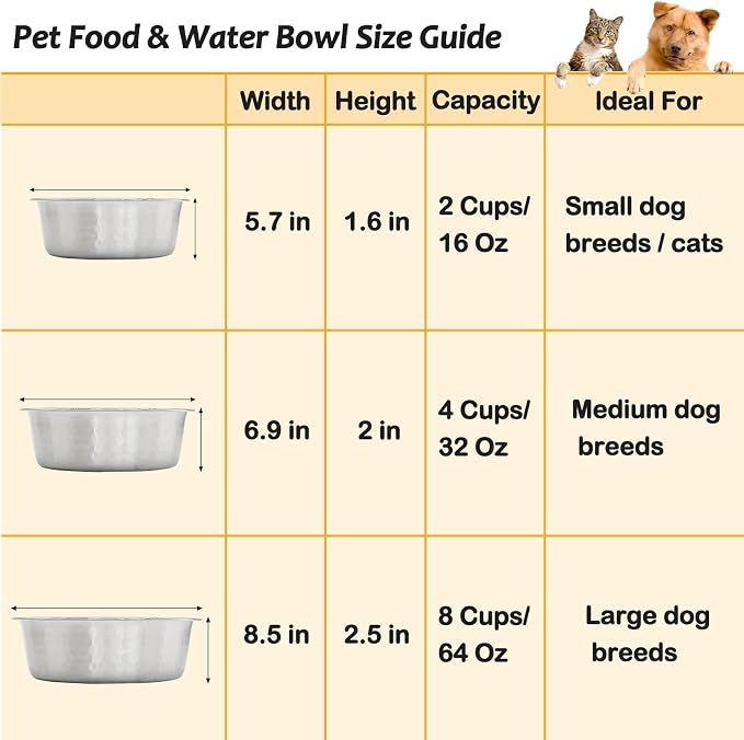 Fhiny 3 Pack Hammered Stainless Steel Cat Bowls, 2 Cups/16 Oz Premium Metal Puppy Feeder Bowl Set for Raised Feeding Station Basic Kitten Food & Water Dishes for Small & Medium Pets Dishwasher Safe
