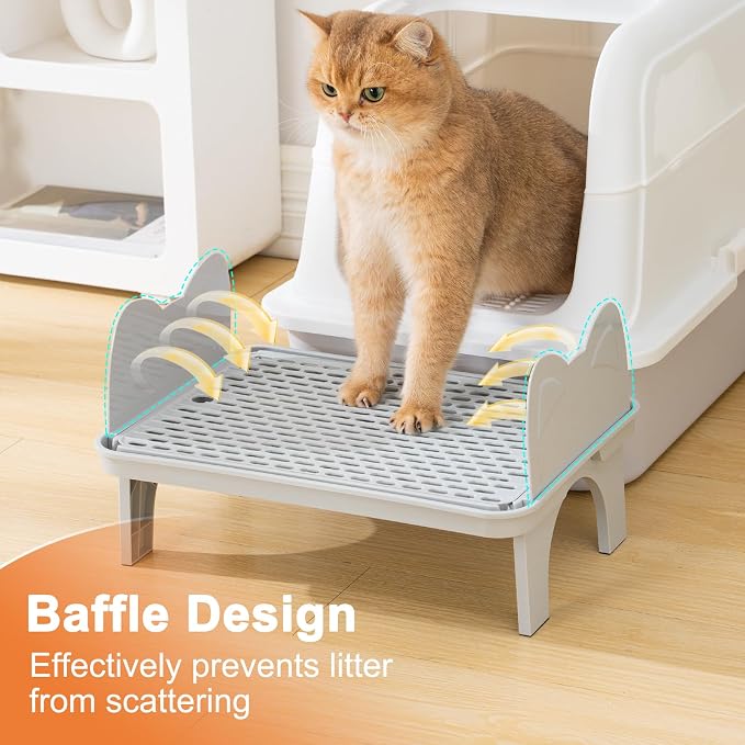 Uross Cat Litter Box Step, Extra Large Litter Box Ramp/Stairs with Detachable Splash-Proof Side Baffles, Anti-Tracking Litter Catcher, Easy to Clean, Non-Slip Step for Small & Elderly Cats (Grey)