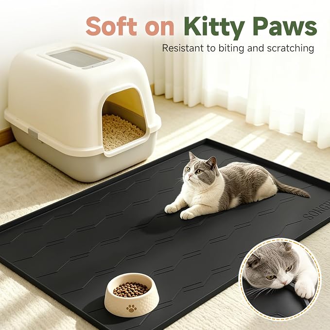 Songrey Silicone Cat Litter Mat 34" x 22", Large Litter Trapping Mat, Black | Waterproof, Urine-Proof Litter Box Mat for Floor, Soft on Kitty Paws, Easy To Clean, Cat Supplies, Pet Feeding Mat