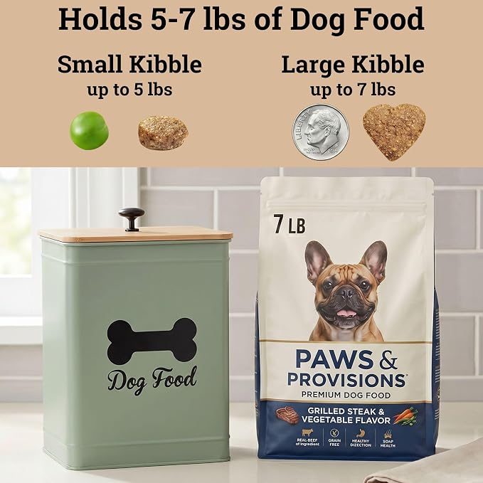 Dog Food Container Airtight Bamboo Lid 5-7 lb, 25 Cups, Sturdy Metal Handle | Pet Jar For Dogs up to 50lbs, Airtight Bamboo Lid, Sturdy Comfortable Metal Handle, Powder Coated Iron, Kibble Storage Bin