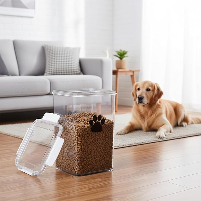 6L Dog Food Storage Container,Airtight Pet Food Storage Containers with Buckle-Lock Lids & Spoon,Plastic Cat Food Container,Dog Treat Container for Dog, Cat, Bird Seed - Bright White