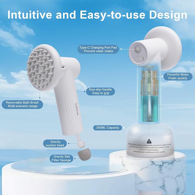Pet Electric Foaming Dog Shampoo Dispenser with Brush for Dogs Bathing, Soft Brush, Massaging and Grooming, Bubble/Spray Mode, Rechargeable Dog Foam Sprayer Soap Dispenser for Short/Long Haired Pet