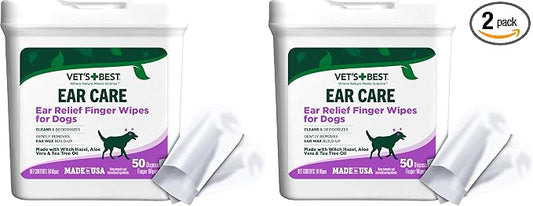 Vet's Best Ear Relief Finger Wipes, Ear Cleansing Finger Wipes for Dogs, Sooths & Deodorizes, 50 Disposable Dog-Wipes (Pack of 2)