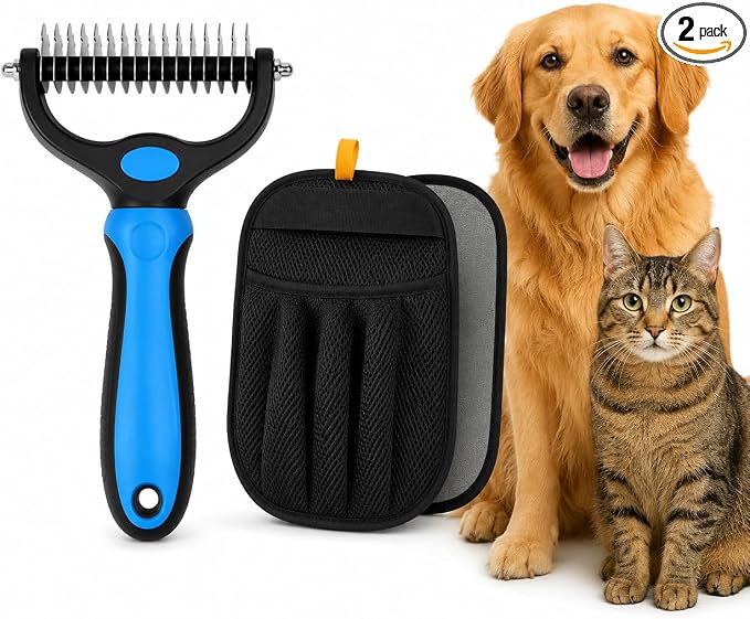 Pet Grooming Brush & Pet Hair Remover Glove Bundle | Keep your pet looking great and your home cleaner with the AJJT Pet Grooming Brush & Hair Removal Glove Bundle.